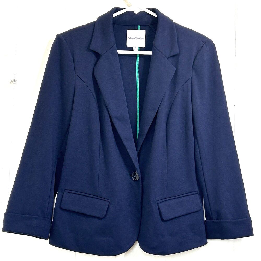 Catherine Melandrino Navy Blue Ponte knit Blazer Size S One Button Closure